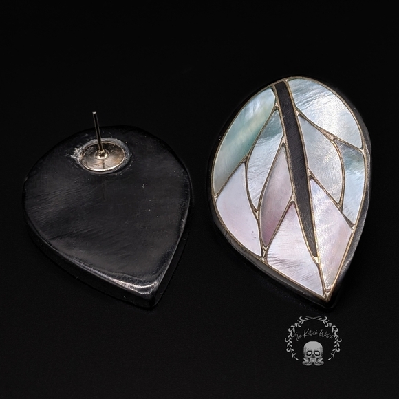 Retro Vintage Large Leaf Earrings with Iridescent Shell inlay Blue Pink Gold - Picture 3 of 5